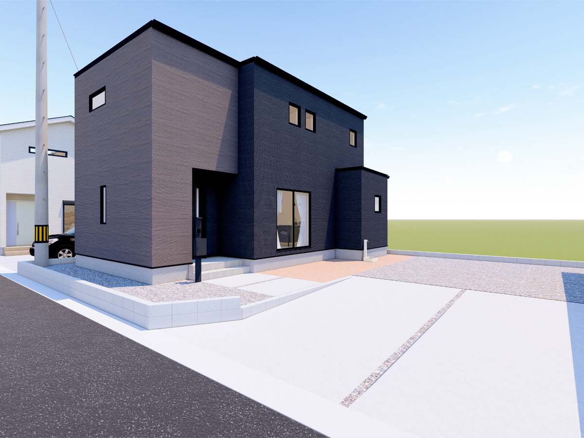 ブラック×チャコールのスタイリッシュな外観。雨で汚れを洗い流す「セルフクリーニング機能」を持つニチハの外壁を使用しています。