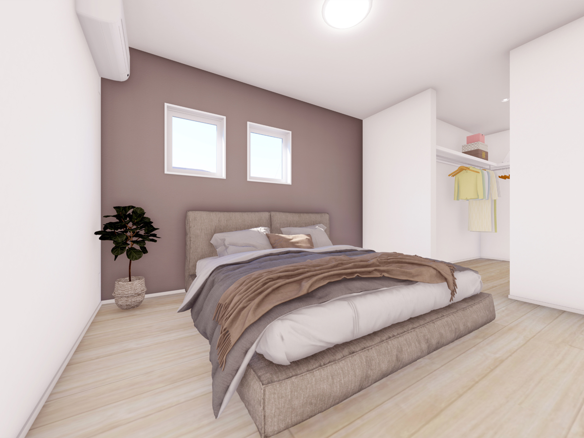 寝室は濃いグレーのアクセントクロスを使用し落ち着いた空間に。