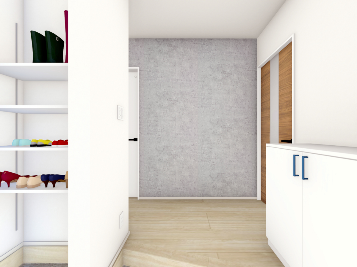 玄関には土間収納があります。靴だけでなくベビーカーやアウトドア用品もしまえます。