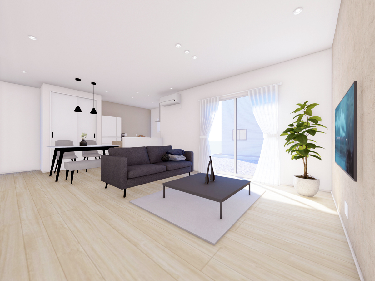 チェスナット色の床がやさしい印象のリビング。展示家具+リビングエアコンはこのままついてきます！