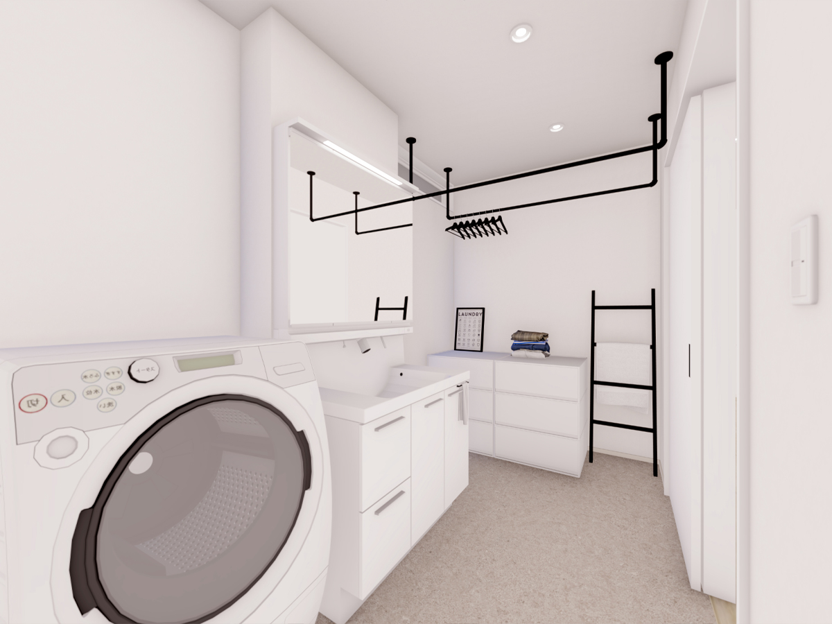 約3.5帖の洗面室には室内用物干しのHosubaが2本設置してあります。雨の日のお洗濯も安心！