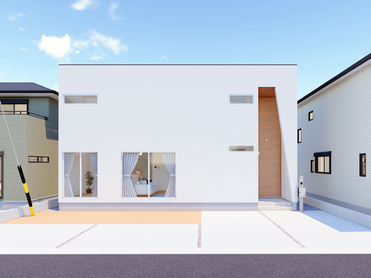 玄関ポーチ部分のスリットが印象的な外観。木目の外壁材を使用し温かみのある雰囲気に仕上げています。