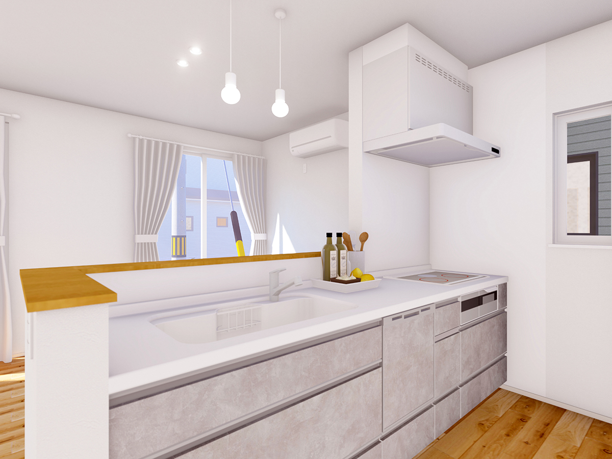 石目調のグレーカラーが上品なLIXIL製キッチン。3口ガスコンロ+浄水栓+深型食洗器つき♪