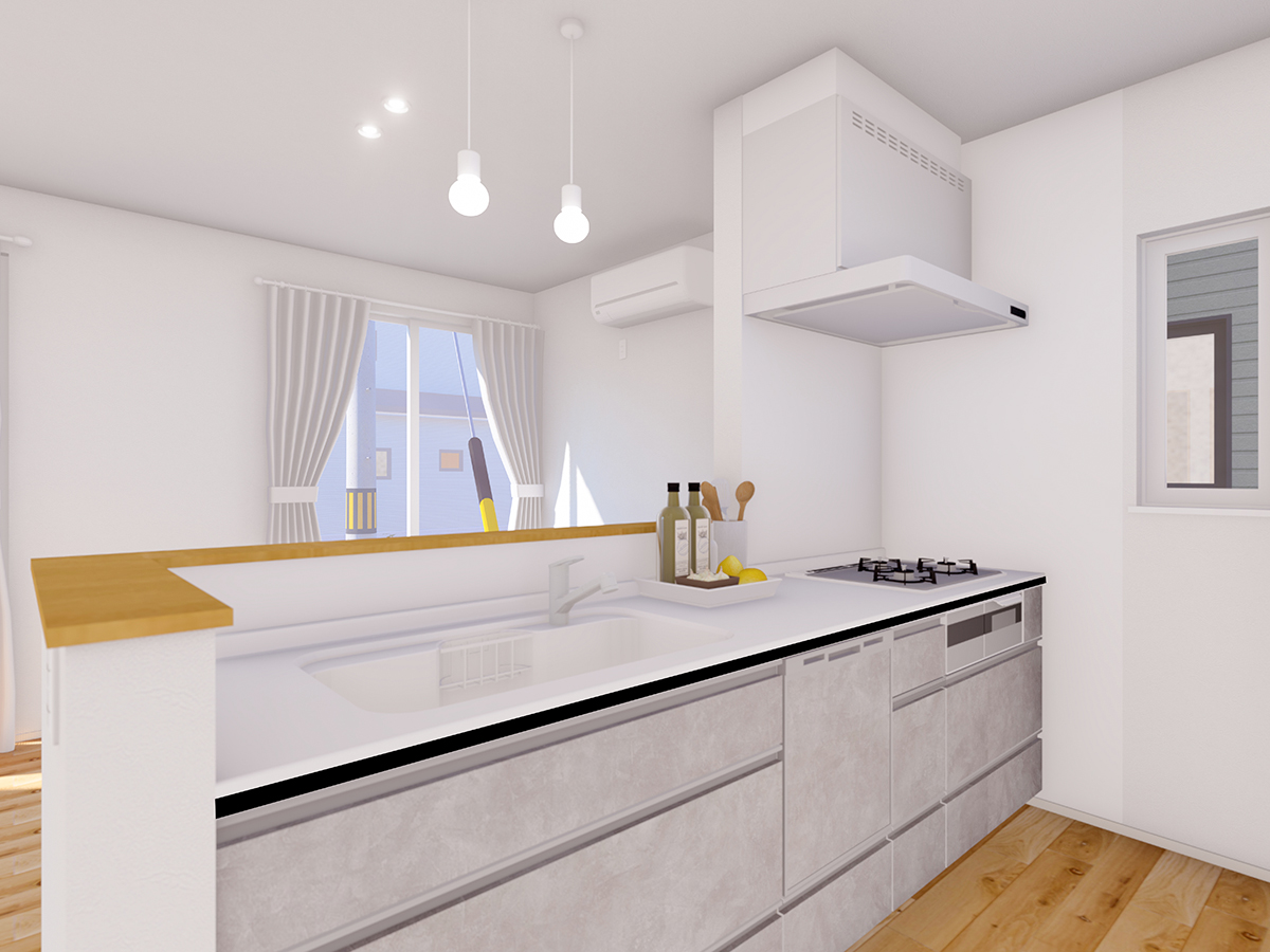 石目調のグレーカラーが上品なLIXIL製キッチン。3口ガスコンロ+浄水栓+深型食洗器つき♪