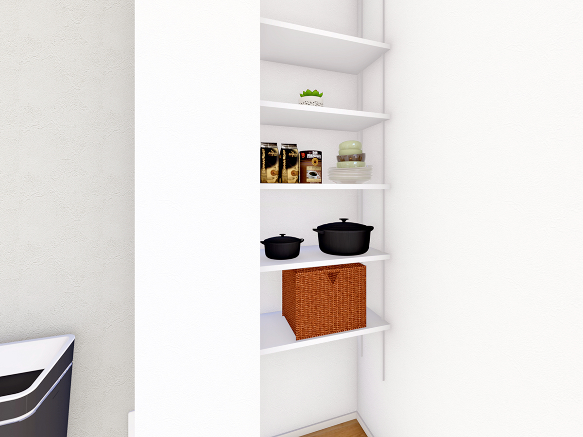 キッチン横にはパントリーを設けました。食品のストックや、二軍の調理器具の収納に便利♪