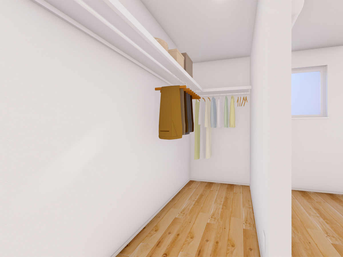 併設の大型収納には衣類やバッグをたっぷりしまえます。