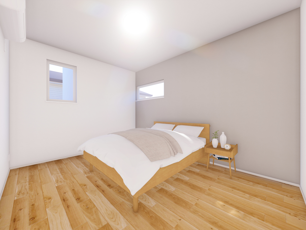 淡いグレーのアクセントクロスが落ち着いた雰囲気の主寝室。