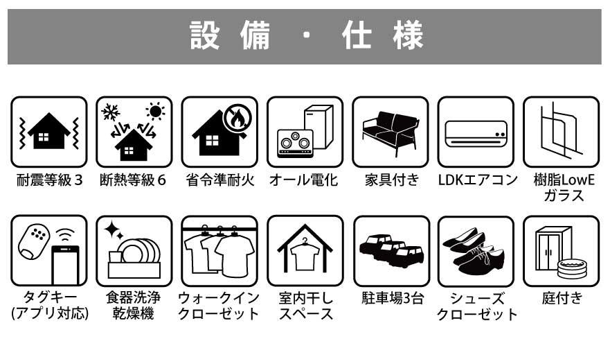 長期優良住宅、耐震等級3、外壁保証付きで永く安心して暮らせるお家。断熱等級6+熱交換気システム採用で、快適な温度と清潔な空気を保ちます。
