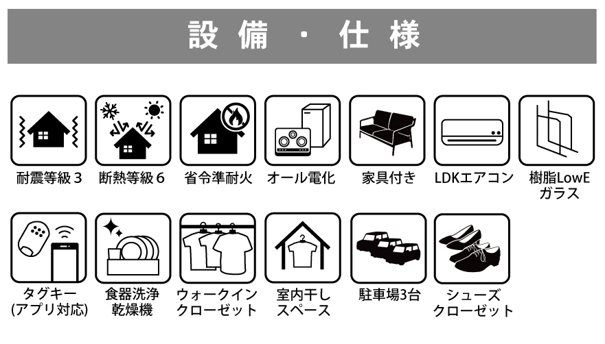 長期優良住宅、耐震等級3、外壁保証付きで永く安心して暮らせるお家。断熱等級6+熱交換気システム採用で、快適な温度と清潔な空気を保ちます。